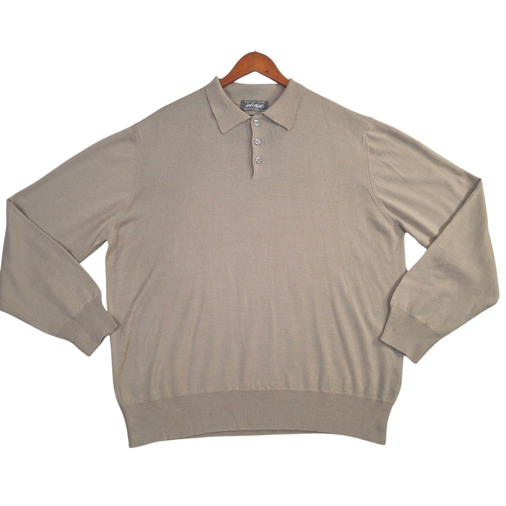 Lord & Taylor Mens Merino Wool Polo Sweater Large L Tan Long Sleeve Made Italy